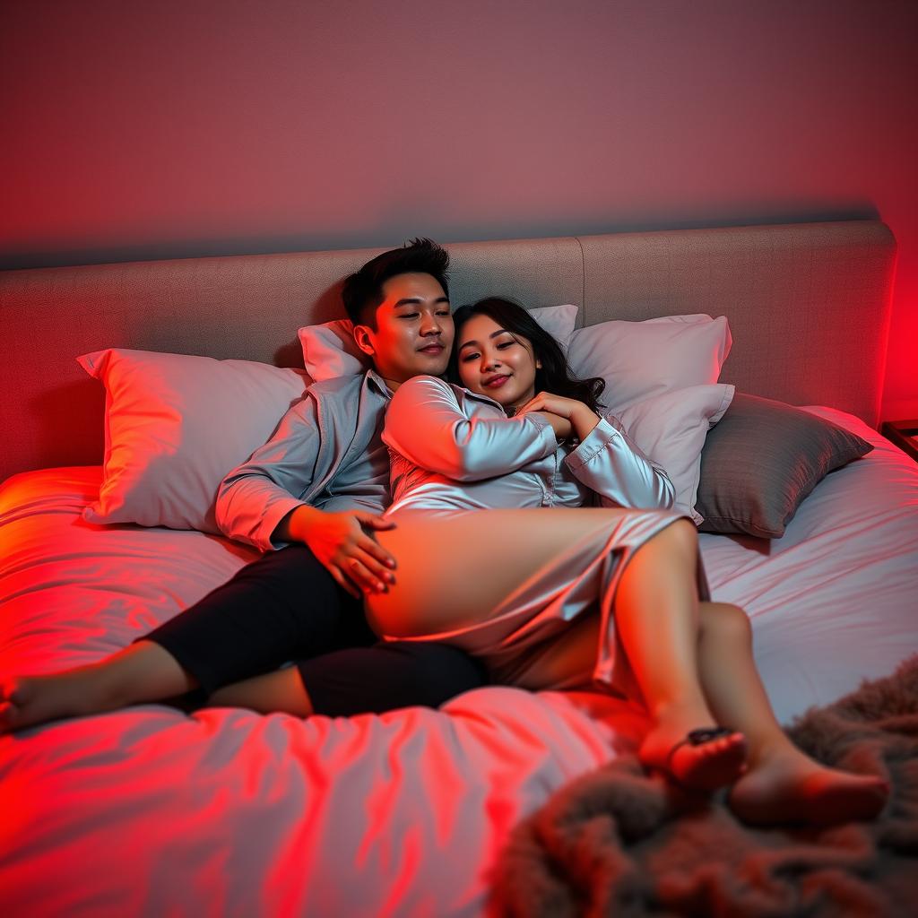 In an intimate bedroom setting at night, a Chinese man is lying on a plush bed, warmly hugging a beautiful and sexy woman who is dressed in stylish pajamas