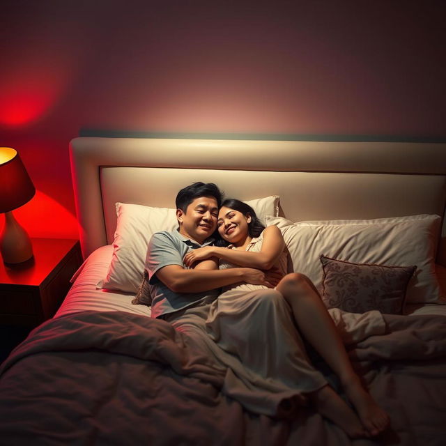 In a cozy bedroom at night, a Chinese man is lying on a comfortable bed, warmly hugging a beautiful and sexy woman dressed in stylish pajamas