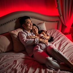 In a cozy bedroom at night, a Chinese man is lying on a comfortable bed, warmly hugging a beautiful and sexy woman dressed in stylish pajamas
