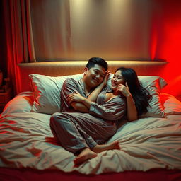 In a cozy bedroom at night, a Chinese man is lying on a comfortable bed, warmly hugging a beautiful and sexy woman dressed in stylish pajamas