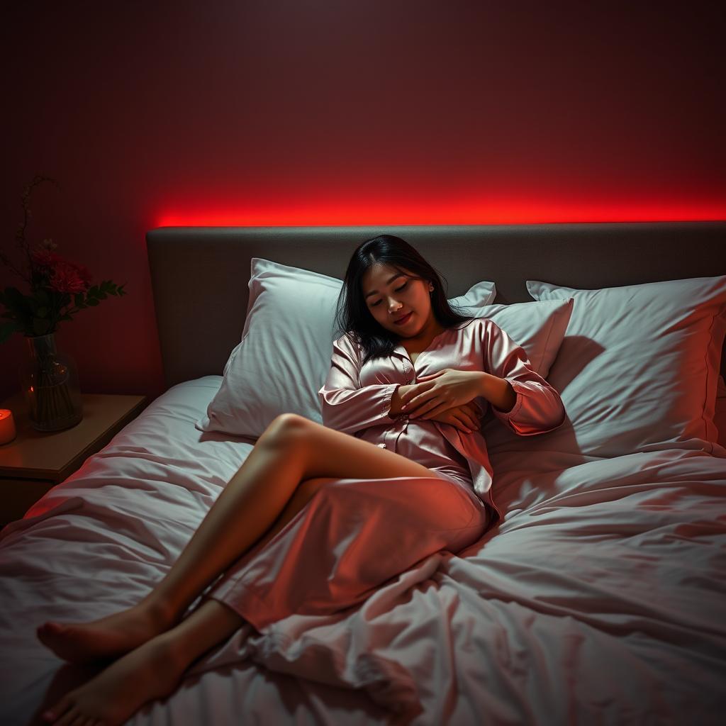 In a dimly lit bedroom at night, a Chinese man is reclining on a soft bed, lovingly hugging a beautiful and sexy woman dressed in elegant pajamas