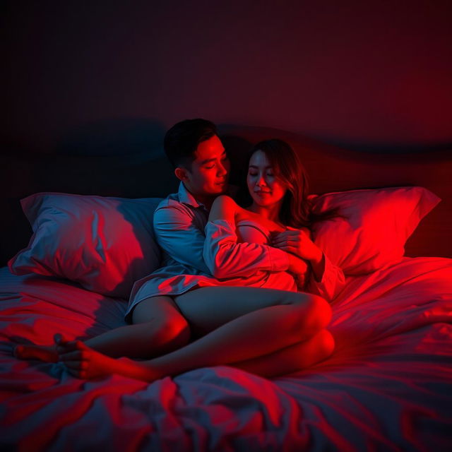 In a dimly lit bedroom at night, a Chinese man is reclining on a soft bed, lovingly hugging a beautiful and sexy woman dressed in elegant pajamas