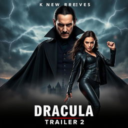 An eye-catching teaser poster for 'Dracula 2025 - Trailer 2', featuring Keanu Reeves as the ominous Count Dracula, clad in a dark, sumptuous Victorian cloak with subtle, intricate details