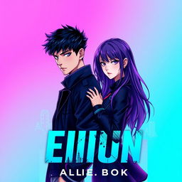 A visually striking eBook cover featuring two characters: a male with short, dark hair wearing a dark jacket, and a female with long, purple hair in a dark outfit