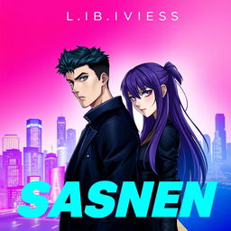 A visually striking eBook cover featuring two characters: a male with short, dark hair wearing a dark jacket, and a female with long, purple hair in a dark outfit