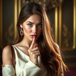A 25-year-old woman sensually touching her lip while making a shushing gesture, wearing a stylish outfit, with a mysterious expression on her face, long flowing hair, soft lighting highlighting her features, an elegant background that adds depth and intrigue, creating a captivating atmosphere
