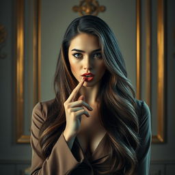A 25-year-old woman sensually touching her lip while making a shushing gesture, wearing a stylish outfit, with a mysterious expression on her face, long flowing hair, soft lighting highlighting her features, an elegant background that adds depth and intrigue, creating a captivating atmosphere