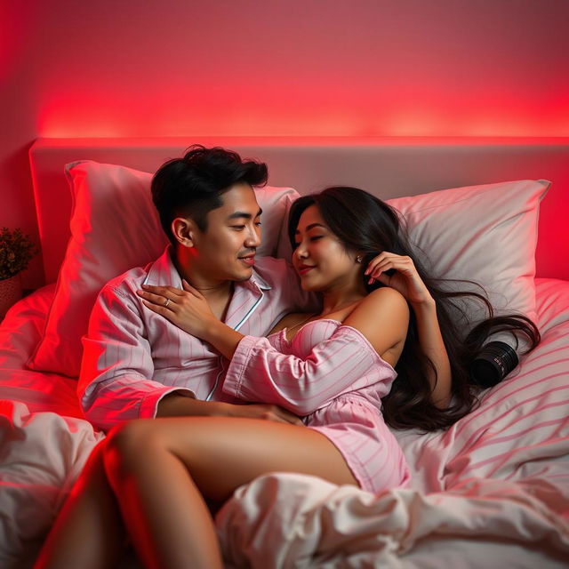 A romantic scene in a cozy bedroom at night, featuring a Chinese man and a beautiful, sexy woman wearing cute pajamas