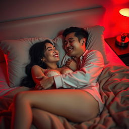 A romantic scene set in a cozy bedroom at night, featuring a Chinese man lying down embracing a beautiful, sexy woman dressed in soft, stylish pajamas