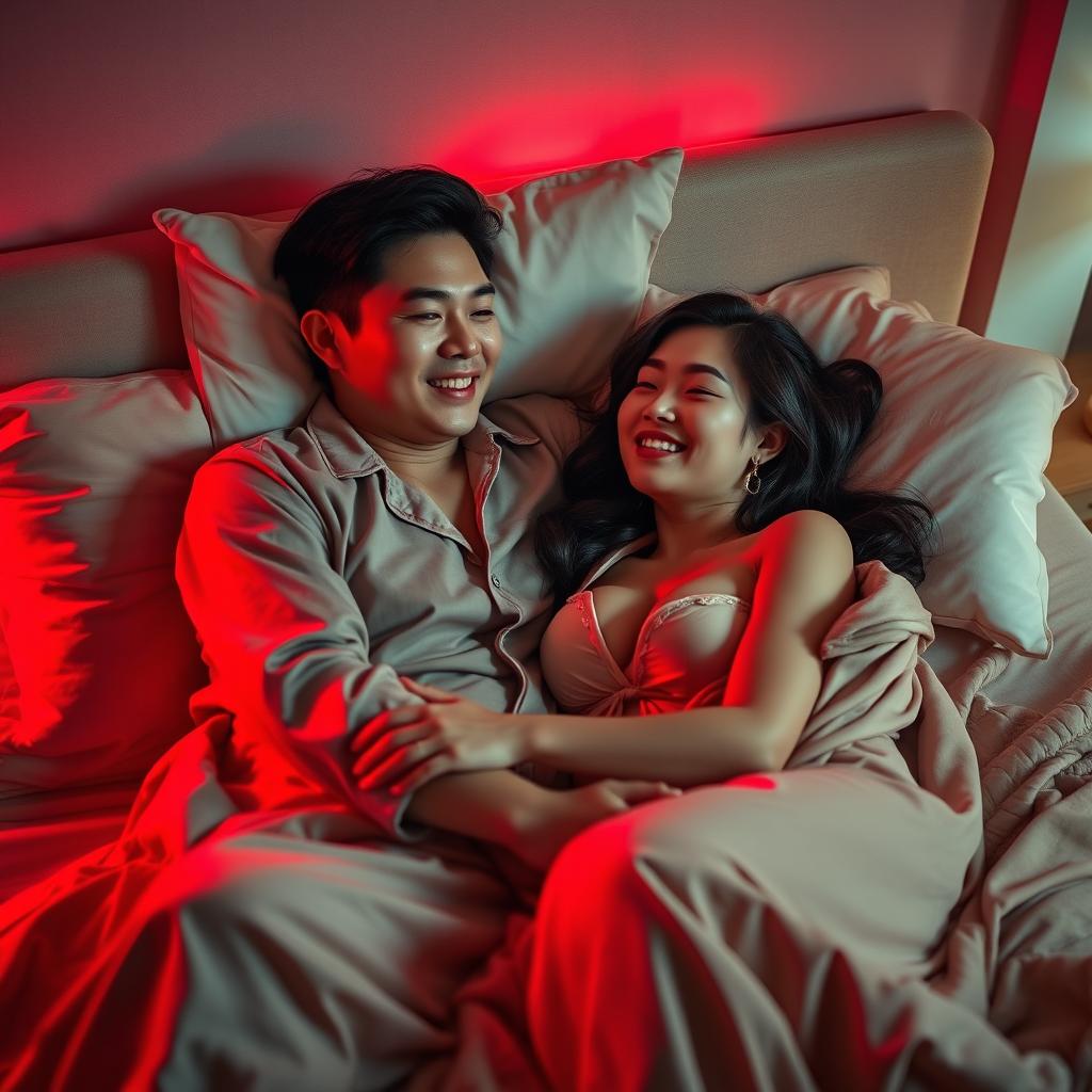 A romantic scene set in a cozy bedroom at night, featuring a Chinese man lying down embracing a beautiful, sexy woman dressed in soft, stylish pajamas