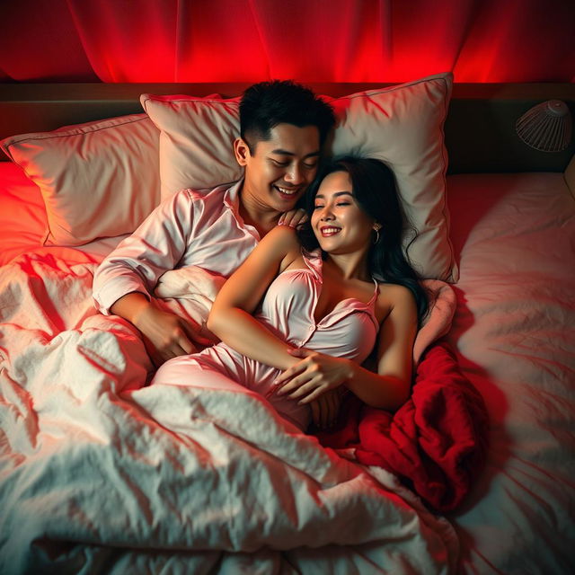 A romantic scene set in a cozy bedroom at night, featuring a Chinese man lying down embracing a beautiful, sexy woman dressed in soft, stylish pajamas