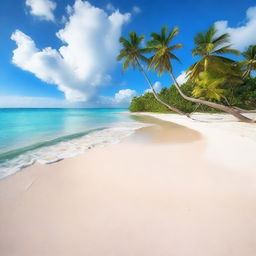 A breathtaking, high-quality image of a beautiful beach scenery, complete with crystal clear waters, white sandy beaches, and a serene sky