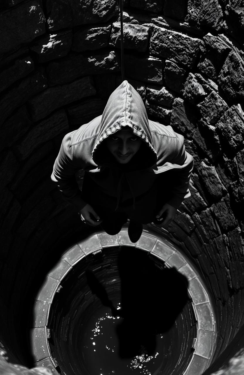 A mysterious hooded man with a tattered cloak, captured mid-fall into a deep, dark well