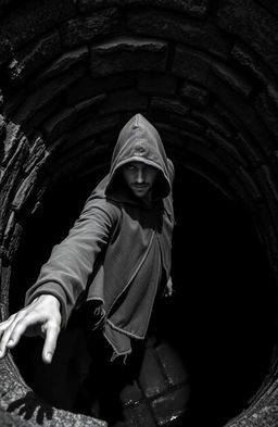 A mysterious hooded man with a tattered cloak, captured mid-fall into a deep, dark well
