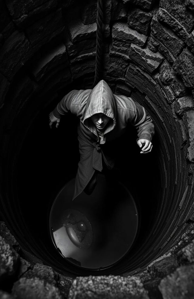 A mysterious hooded man with a tattered cloak, captured mid-fall into a deep, dark well