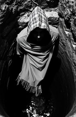 A mysterious hooded man with a tattered cloak, captured mid-fall into a deep, dark well