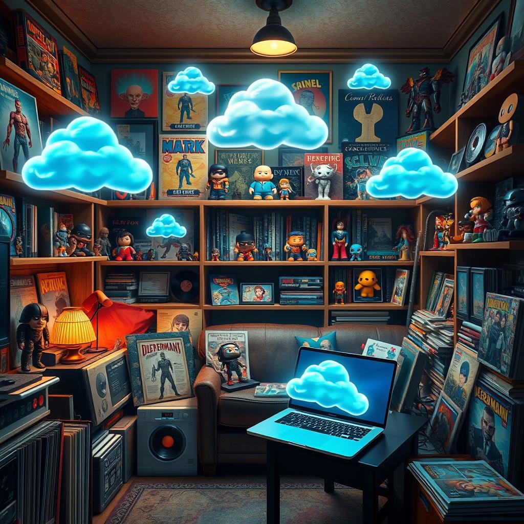 An artistic scene showcasing the world of collecting and fandom, featuring a cozy room filled with various collectibles: vintage toys, comic books, vinyl records, and figurines, embodying the essence of a 'friki' culture