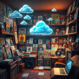 An artistic scene showcasing the world of collecting and fandom, featuring a cozy room filled with various collectibles: vintage toys, comic books, vinyl records, and figurines, embodying the essence of a 'friki' culture
