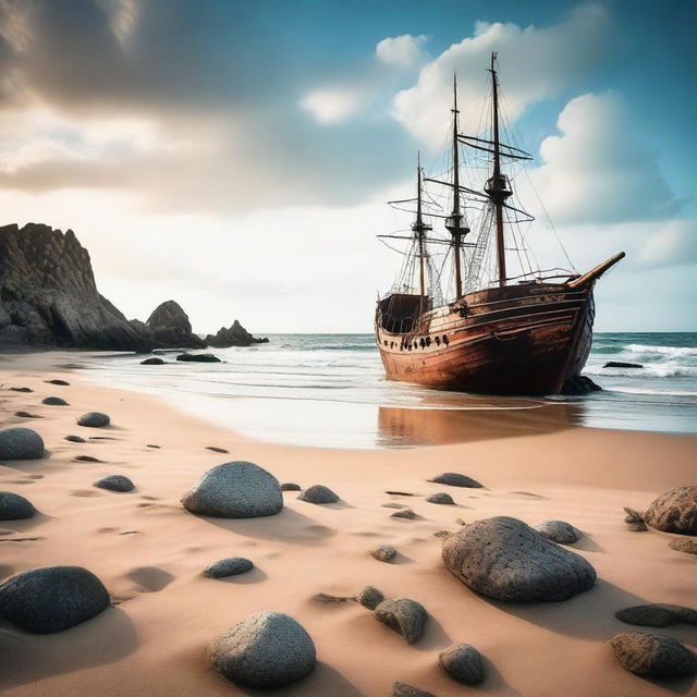 A breathtaking, high-quality, cinematic image of a beautiful beach scenery, complete with rocks and an old ship stranded on the shore