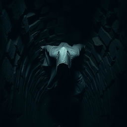 A dark and eerie scene featuring a hooded figure in a flowing cloak, plummeting into a deep, shadowy well