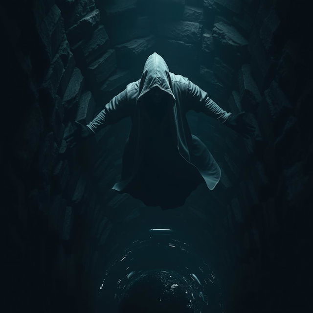 A dark and eerie scene featuring a hooded figure in a flowing cloak, plummeting into a deep, shadowy well