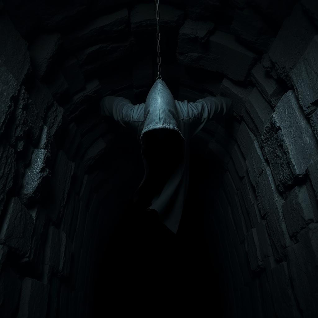 A dark and eerie scene featuring a hooded figure in a flowing cloak, plummeting into a deep, shadowy well