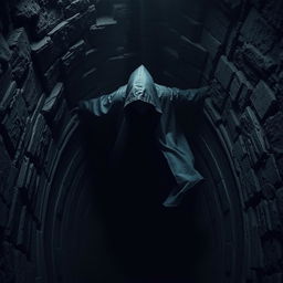 A dark and eerie scene featuring a hooded figure in a flowing cloak, plummeting into a deep, shadowy well