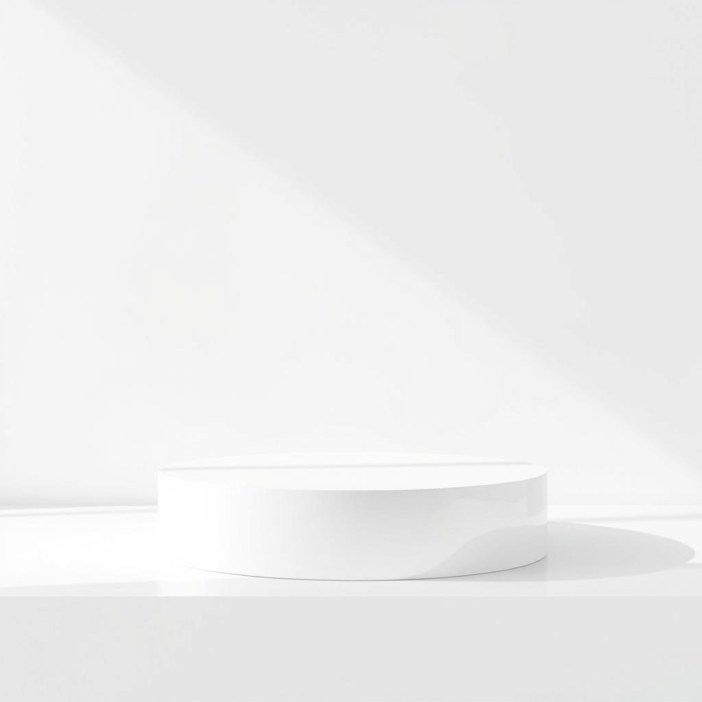 A very thin white podium that is elegantly designed, featuring a smooth shade that gently casts onto a completely white background, enhancing the podium's sleek form