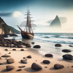 A breathtaking, high-quality, cinematic image of a beautiful beach scenery, complete with rocks and an old ship stranded on the shore