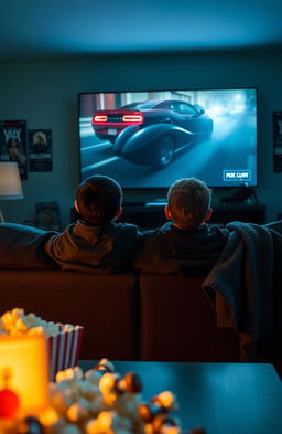 Two brothers sitting together on a couch in a dimly lit living room, watching a horror movie on a large TV screen