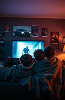 Two brothers sitting together on a couch in a dimly lit living room, watching a horror movie on a large TV screen