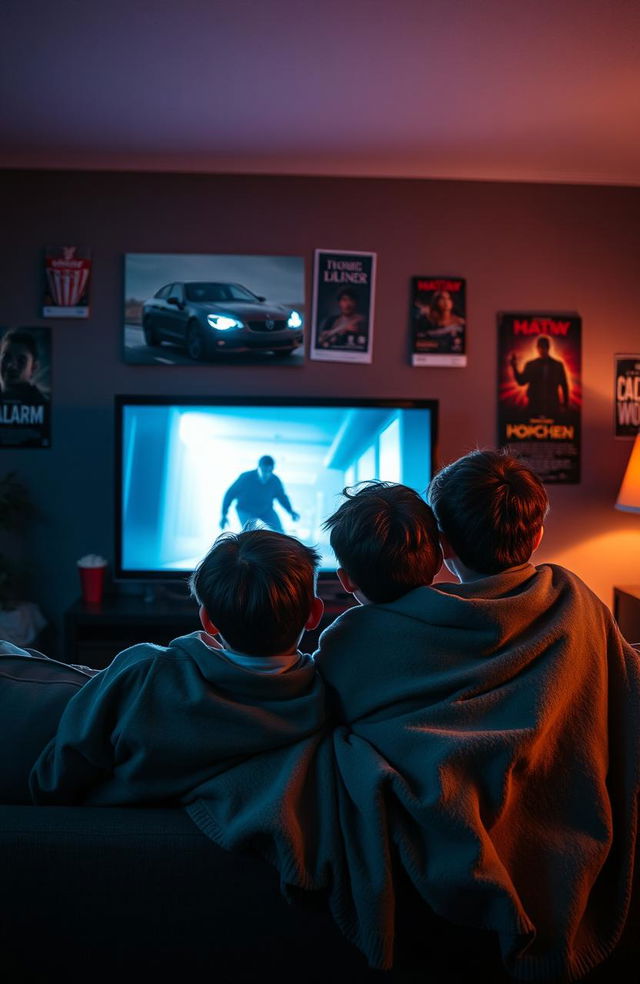 Two brothers sitting together on a couch in a dimly lit living room, watching a horror movie on a large TV screen