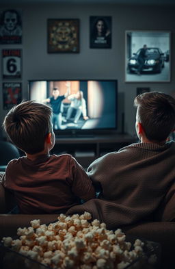 Two brothers sitting together on a couch in a dimly lit living room, watching a horror movie on a large TV screen