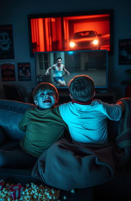 Two brothers sitting together on a couch in a dimly lit living room, watching a horror movie on a large TV screen