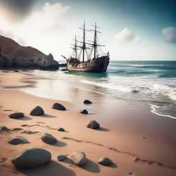 A breathtaking, high-quality, cinematic image of a beautiful beach scenery, complete with rocks and an old ship stranded on the shore