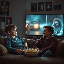 Two brothers sitting on a cozy couch, engrossed in a horror movie playing on a large TV screen, illuminated by its eerie glow
