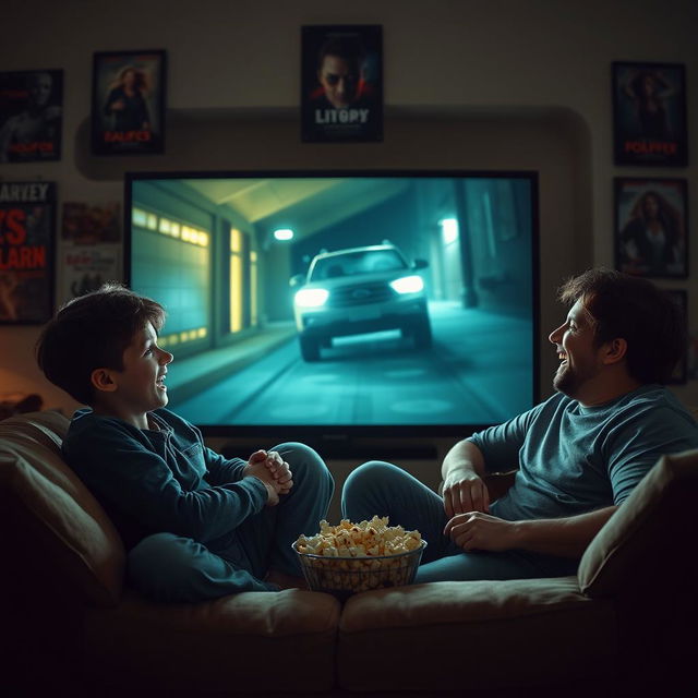 Two brothers sitting on a cozy couch, engrossed in a horror movie playing on a large TV screen, illuminated by its eerie glow