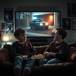 Two brothers sitting on a cozy couch, engrossed in a horror movie playing on a large TV screen, illuminated by its eerie glow