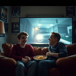 Two brothers sitting on a cozy couch, engrossed in a horror movie playing on a large TV screen, illuminated by its eerie glow