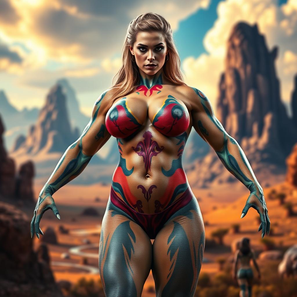 A muscular woman with exaggerated, monster-inspired features, showcasing her powerful physique and strikingly large, fake breasts