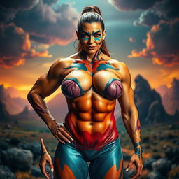 A muscular woman with exaggerated, monster-inspired features, showcasing her powerful physique and strikingly large, fake breasts