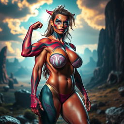 A muscular woman with exaggerated, monster-inspired features, showcasing her powerful physique and strikingly large, fake breasts