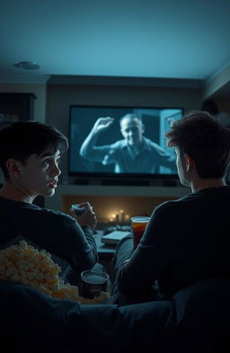 Two brothers sitting in a dimly lit living room, watching a horror movie on a large TV
