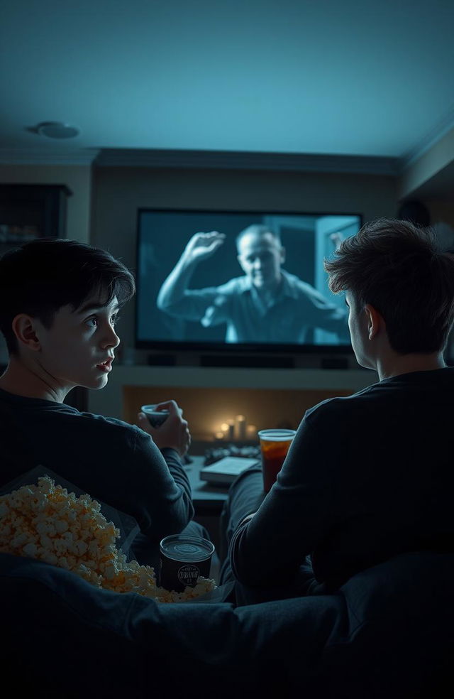 Two brothers sitting in a dimly lit living room, watching a horror movie on a large TV