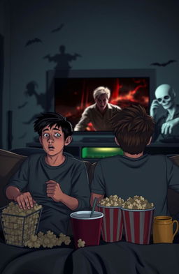 Two brothers sitting in a dimly lit living room, watching a horror movie on a large TV