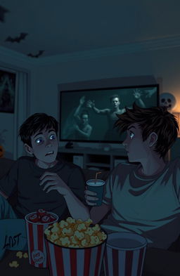 Two brothers sitting in a dimly lit living room, watching a horror movie on a large TV