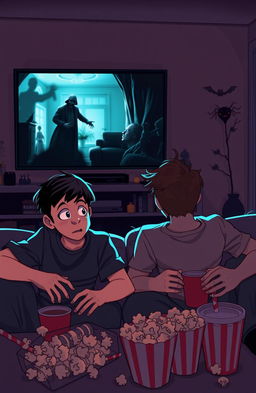 Two brothers sitting in a dimly lit living room, watching a horror movie on a large TV