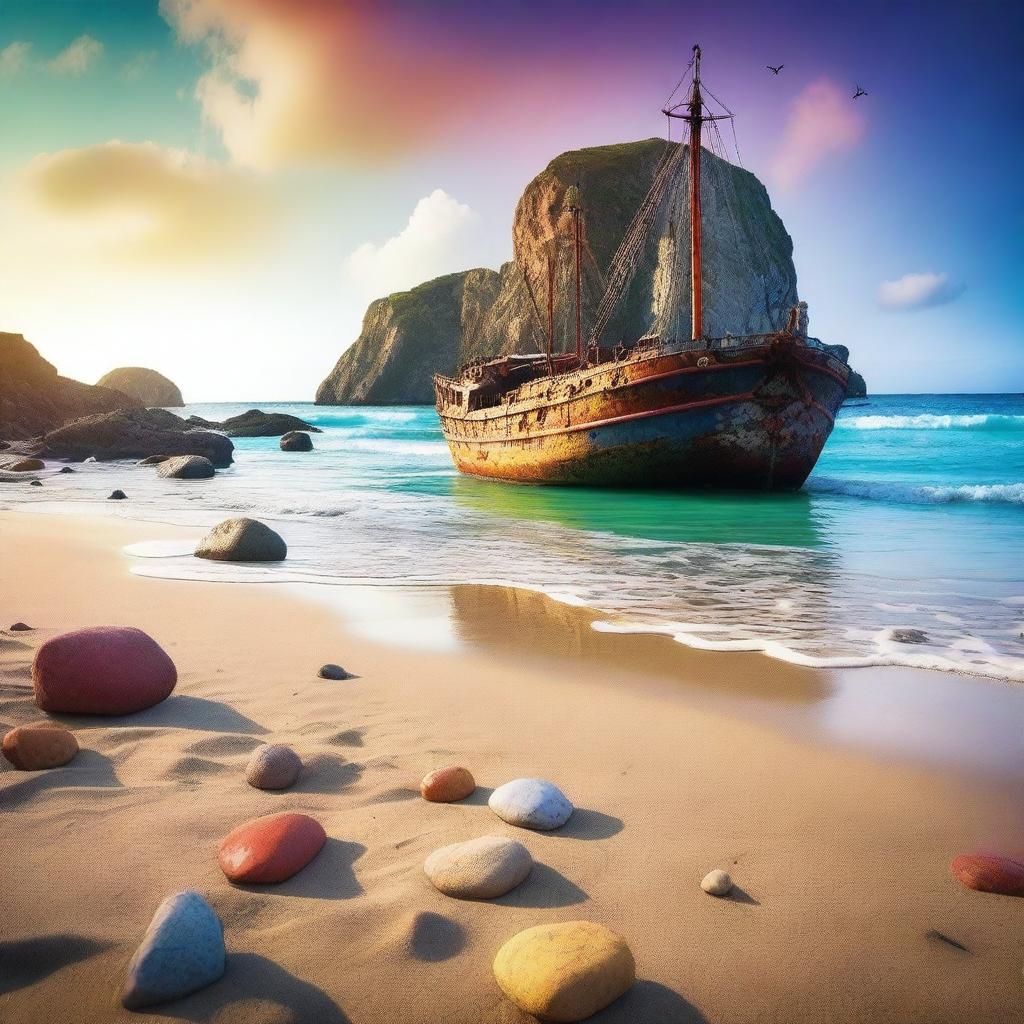 A breathtaking, high-quality, cinematic image of a beautiful, colourful beach scenery, complete with rocks and an old ship stranded on the shore