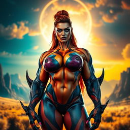 A muscular woman with exaggerated, monster-inspired features, showcasing her powerful physique and incredibly large, fake breasts