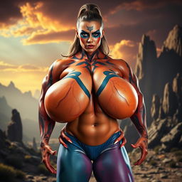A muscular woman with exaggerated, monster-inspired features, showcasing her powerful physique and incredibly large, fake breasts
